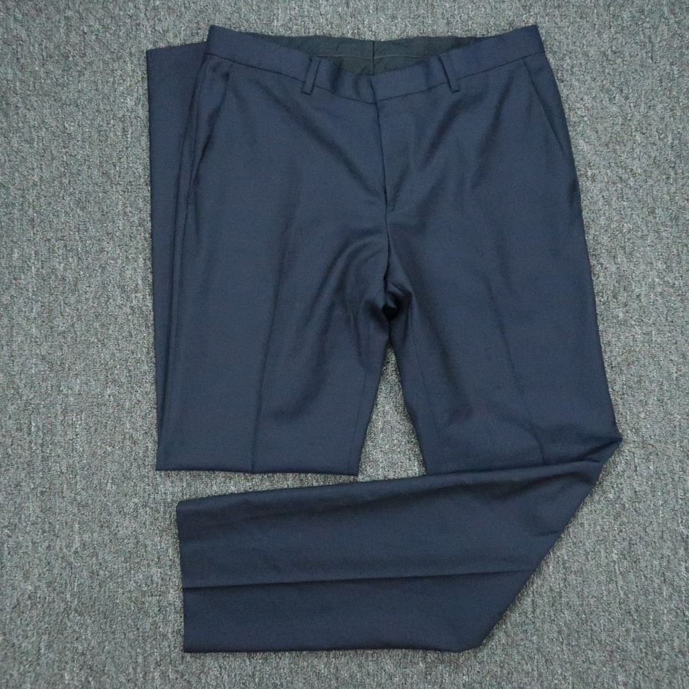 Hugo Boss Pants Mens 32x32 Blue Genius Wool Slim Fit Trouser Flat Front Formal